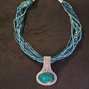 Vintage Teal and Silver Pendant, Multi-Strand Seed Bead Necklace